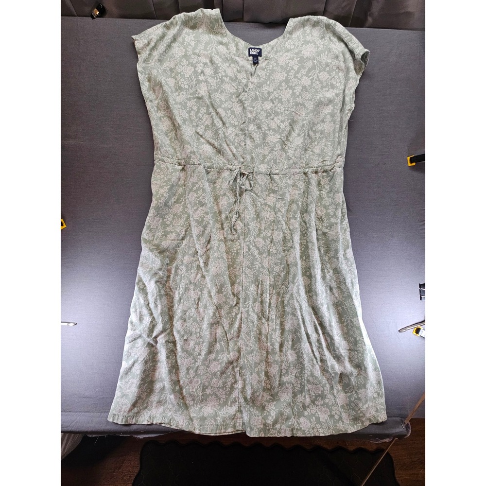 Lands End Sage Green Floral V-Neck Drawstring Midi Dress Plus Size 2X 20W-22W